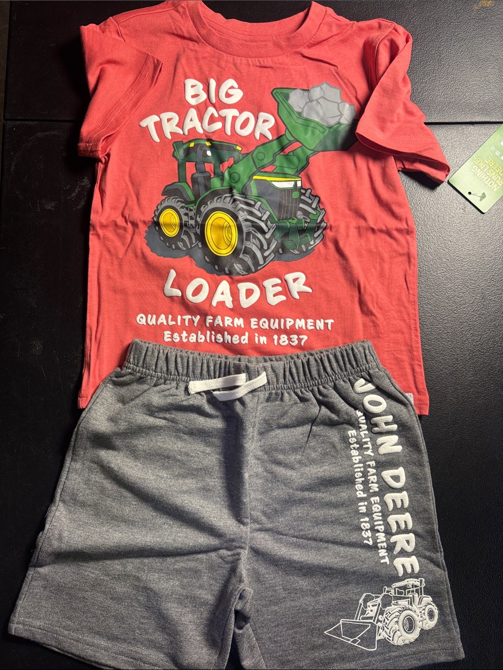 John Deere Red Tee with Green Tractor & Gray Shorts Set